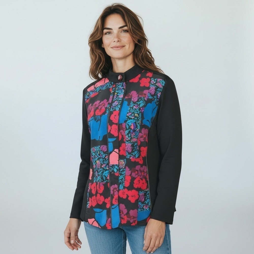 Coldwater Creek Petite M Colorful Floral Patchwork Mandarin Collar Jacket